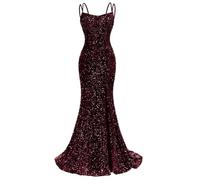 HPPEE Vestido de fiesta de sirena con lentejuelas brillantes y abertura para mujer, con tirantes delgados, vestido de fiesta formal, granate oscuro, 44