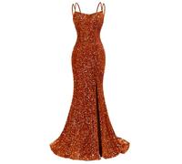 HPPEE Vestido de fiesta de sirena con lentejuelas brillantes y abertura para mujer, con tirantes delgados, vestido de fiesta formal, Naranja Quemado, 60 Grande