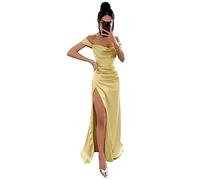 HPPEE Vestido de graduación con hombros descubiertos, largo, sin mangas, corsé de sirena, vestido de satén para invitados de boda, con abertura para mujer, amarillo, 44