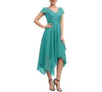 HPPEE Vestido de noche formal de gasa con cuello en V para mujer con apliques de encaje y dobladillo irregular, turquesa, 42