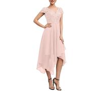 HPPEE Vestido de noche formal de gasa con cuello en V para mujer con apliques de encaje y dobladillo irregular, rosa claro, 34