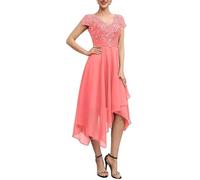HPPEE Vestido de noche formal de gasa con cuello en V para mujer con apliques de encaje y dobladillo irregular, coral, 38