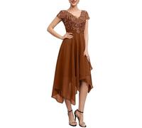 HPPEE Vestido de noche formal de gasa con cuello en V para mujer con apliques de encaje y dobladillo irregular, Naranja Quemado, 34