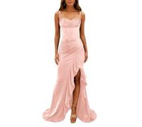 HPPEE Vestido de satén para mujer, con abertura, plisado, plisado, tirantes delgados, vestido de fiesta formal, Blush Pink, 48 Grande
