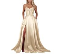 HPPEE Vestido de satén para mujer, con bolsillos y abertura, sin mangas, acampanado, formal, para fiesta de noche, champán, 50 Grande