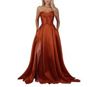 HPPEE Vestido de satén para mujer, con bolsillos y abertura, sin mangas, acampanado, formal, para fiesta de noche, Naranja Quemado, 54 Grande