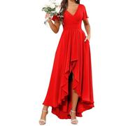 HPPEE Vestido formal de gasa con cuello en V y bolsillos de manga corta para dama de honor, rosso, 46