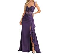 HPPEE Vestido formal de noche con apliques de encaje para mujer, con abertura, tirantes delgados fruncidos, vestido formal, morado, 38