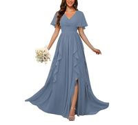 HPPEE Vestido largo de gasa con cuello en V y mangas con vuelo, para madre de la novia, vestido formal de fiesta de noche, Dusty Azul, 40