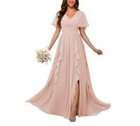HPPEE Vestido largo de gasa con cuello en V y mangas con vuelo, para madre de la novia, vestido formal de fiesta de noche, Blush Pink, 40