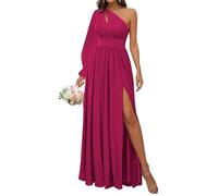 HPPEE Vestido largo de gasa para dama de honor con un hombro descubierto, con mangas, plisado, vestido formal de noche, fucsia, 38