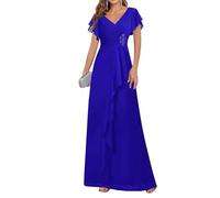 HPPEE Vestido largo de gasa para mujer con mangas plisadas, cuello en V, vestido formal largo de noche, azul real, 44