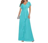HPPEE Vestido largo de gasa para mujer con mangas plisadas, cuello en V, vestido formal largo de noche, turquesa, 36