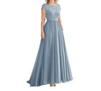 HPPEE Vestido largo de gasa para mujer con mangas y apliques de encaje, vestido formal de noche, Dusty Azul, 38