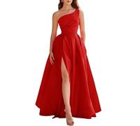 HPPEE Vestido largo de satén con un hombro descubierto para mujer, con abertura, plisado, sin mangas, formal, vestido de noche, rosso, 40