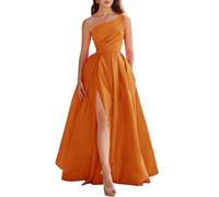 HPPEE Vestido largo de satén con un hombro descubierto para mujer, con abertura, plisado, sin mangas, formal, vestido de noche, naranja, 44
