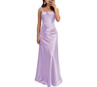 HPPEE Vestido largo de satén para mujer, plisado, sin mangas, largo hasta el suelo, corsé formal, Lila, 36
