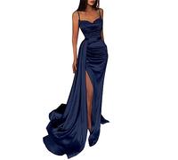 HPPEE Vestidos de cóctel de boda, con tirantes delgados, de sirena brillante, plisado, con cuentas, formal, vestidos de noche para mujer con abertura, azul marino, 44