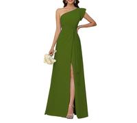 HPPEE Vestidos de dama de honor con un hombro descubierto para mujer, con abertura, plisado, largo, vestido formal de dama de honor, verde oliva, 48 Grande