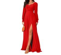 HPPEE Vestidos de dama de honor de manga larga para mujer con abertura de gasa, vestido formal de invitada de boda con bolsillos, rosso, 40