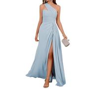 HPPEE Vestidos de dama de honor de satén de un hombro para mujer con abertura plisada de gasa vestido formal largo, azul claro, 36