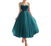HPPEE Vestidos de fiesta de tul hasta el té para adolescentes 2024, acampanados, con tirantes delgados, vestido formal de noche, Teal, 44