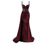 HPPEE - Vestidos de graduación con tirantes de satén para mujer, con abertura, encaje, aplicación de sirena, vestido formal de fiesta, granate, 34