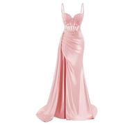 HPPEE Vestidos de graduación con tirantes de satén para mujer con abertura, encaje, apliques estilo sirena, vestido formal de fiesta, Blush Pink, 38