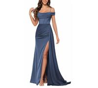 HPPEE Vestidos de satén para mujer, con abertura, plisados, hombros descubiertos, vestidos de dama de honor para boda, Dusty Azul, 34