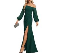 HPPEE WYX495 - Vestidos de dama de honor de gasa de manga larga con abertura en línea plisada, vestidos de invitados de boda para mujer, verde oscuro, 42