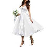 HPPEE WYX566 - Vestido corto de satén para novia, cuello en V, vestido de noche formal, blanco, 40