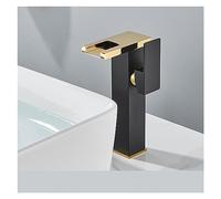HPTHLY Grifo de baño con Cascada LED Negra Mezclador de Agua fría y Caliente montado en la Cubierta con Tres Colores Que cambian según el Flujo de Agua.,Oro Negro B