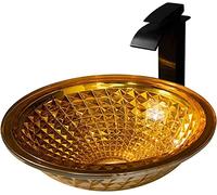 HPTHLY Lavabo De Baño Moderno, Redondo, Artístico, De Vidrio Templado, Tipo Cuenco, Estilo SPA, sobre Encimera con Grifo Cascada, 41 Cm De Largo X 41 Cm, Dorado.,Gold