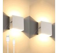 HQHYGM 2Pcs up Down Battery Operated Wallp with Touch Switch 6W Warm White 3000K Wall Lights Indoor USB Rechargeable Wireless Wall Lightifor Bedroom/White