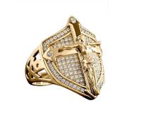 HQHYGM Anillo de Moda con circonita cúbica de Jesús, Chapado en Oro de 14 Quilates, Cruz de Escudo, Anillo Vikingo nórdico, bendición, oración, fe, religión, Jesús, joyería Helada, Hip Hop, Punk, Oro