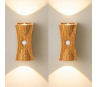 HQHYGM Battery Operated Wall Light Indoor Dimmable Wall Lamp with Motion Sensor Wall Auto/ON/Off Wall USB Rechargeable for Bedroom Living Room Bathroom (Light Wood 2 Packs)