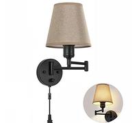 HQHYGM Black Swing Arm Wall Lamps with and Antique In Bedside Wall Sconces Brown Fabric Shade Industrial Vintage Wall Light Fixtures Wall Mounted Bedroom Living Room (1 Pack)