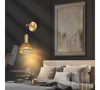 HQHYGM Boho Rattan Wall Light Battery Operated Wall Lamp with Remote Control Dimming Wall USB Rechargeable Wall Adjustable Length for Bedroom Living Room Stairs (Copper 1 Pack)