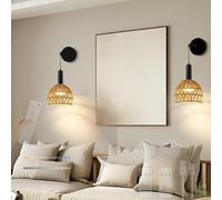HQHYGM Boho Rattan Wall Light Battery Operated Wall Lamp with Remote Control Dimming Wall USB Rechargeable Wall Adjustable Length for Bedroom Living Room Stairs (Black 2 Packs)