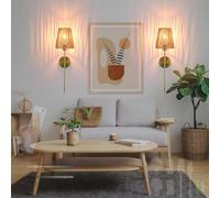 HQHYGM Boho Wall Light Indoor Battery Operated Wall Lamp with Remote Control Dimming Wall Rechargeable Wall Rattan for Bedroom Living Room Hallway (Copper 2 Packs)