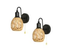 HQHYGM Boho Wall Light Indoor Wall Lamp with Pull Cord Wall Vintage Decorative Wall Rattan Lampshade for Living Room Bedside Bedroom (2 Packs)