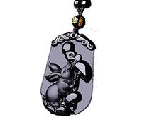 HQHYGM Charm Jewelry Natural Black Obsidian Beads Necklace Hand-Carved Rabbit Jade Pendant Charm Jewelry for Man Women Auspicious Amulet Gifts