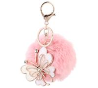 HQHYGM Diamond-Encrusted Pink Fur Chain with Butterfly Pendant, Creative Metal Key Ring Holder for Handbag and Bag Hanging Accessory