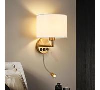 HQHYGM Indoor Bedside Wall Lamp with USB Rechargeable Port Wall with Fabric Lampshade Wall Light ° Rotatable Iron Retro Decorative for Living Room Bedroom (Warm Light Bronze+White)