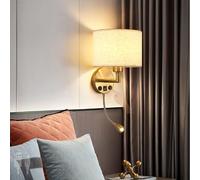 HQHYGM Indoor Bedside Wall Lamp with USB Rechargeable Port Wall with Fabric Lampshade Wall Light ° Rotatable Iron Retro Decorative for Living Room Bedroom (Warm Light Bronze+Beige)