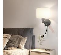 HQHYGM Indoor Bedside Wall Lamp with USB Rechargeable Port Wall with Fabric Lampshade Wall Light ° Rotatable Iron Retro Decorative for Living Room Bedroom (White Light Black+Beige)