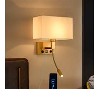 HQHYGM Indoor Vintage Wall Sconces Iron with Wall Lamp with USB Charging Port Wall Creative Fabric Lampshade Bedside Decoration for Reading Living Room (White Light Copper + Beige)