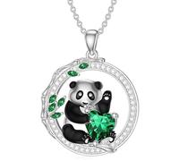 HQHYGM Panda Necklace For Women and Girls, Cute Cartoon Panda Green Heart Shape, Panda Jewelry, Red Panda Necklace For Girls, Panda Locket, Panda Coin Pendant, Sterling Silver, No
