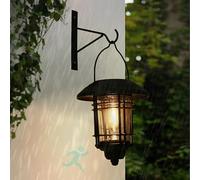 HQHYGM Solar Outdoor Wall Lamps with Motion Sensor Hanging Lantern Wireless Metal Wall Glass Shade IP65 Waterproof Vintage Garden Wall Lights for Garage Yard Patio Porch