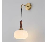 HQHYGM Vintage Glass Bedroom Bedside Wooden Lamp Mounted Light with 100cm Adjustable Hanging Wire Living Room Hallway Wood Wall Fixtures (Gold)